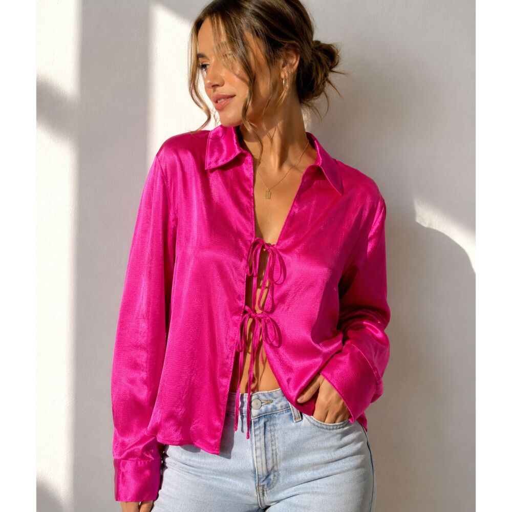 Wild Fable Hot Pink Satin Tie Front Blouse Women's Large Y2K Barbiecore Top